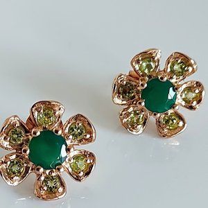 NATURAL GREEN AVENTURINE & PERIDOT 925 STERLING SILVER FLOWER STUD EARRINGS